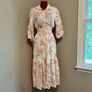 Blacktape_ Floral Cottagecore Collared orange and white flowy Dress